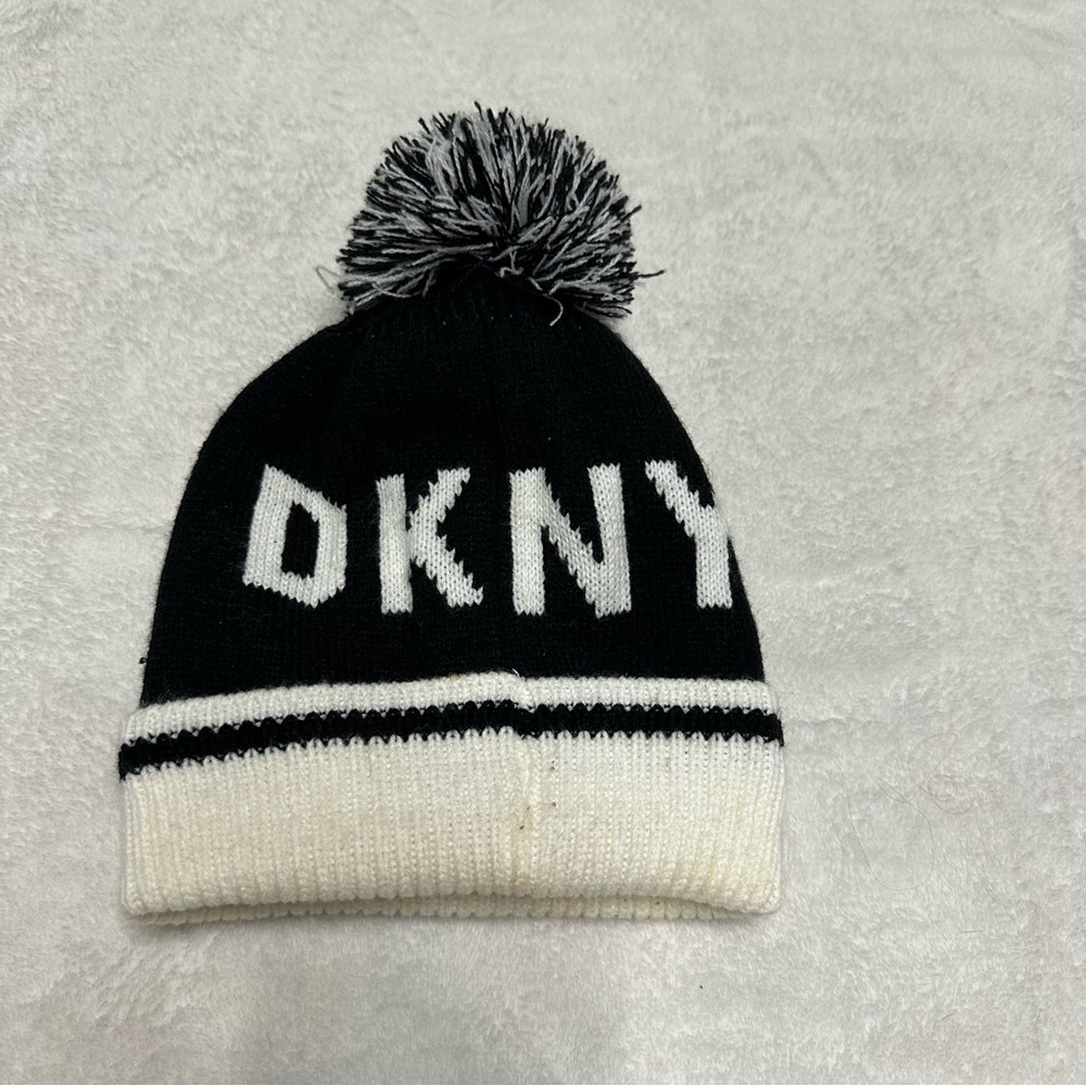 DKNY Monochrome Knit Hat with Pom-Pom